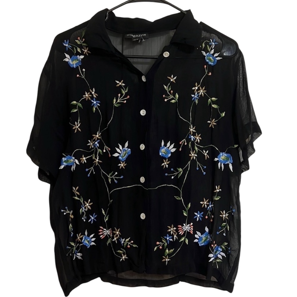 Vintage Magazine Sheer Black w Blue Flowers and Vines Embroidered Top Size Med